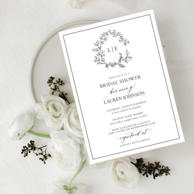 Möhippa av vit svart Vapensköld, Monogram Inbjudningar (Bridal Shower Invitation!)
