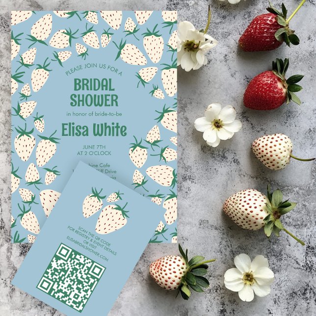 Möhippa av vita jordgubbspennbär QR-kod Tilläggskort (White Strawberry Pineberry BRIDAL SHOWER QR code Enclosure Card
)