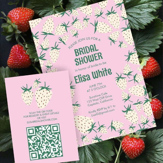 Möhippa av vita jordgubbspennbär QR-kod Tilläggskort (White Strawberry Pineberry BRIDAL SHOWER QR code Enclosure Card
)