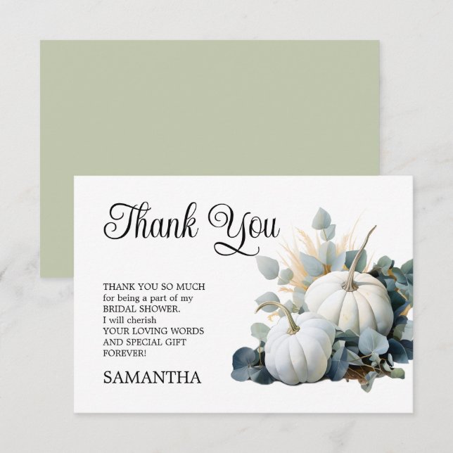 Möhippa av vita pumpor och eukalyptus-gröntar tack kort (Fram/baksida)