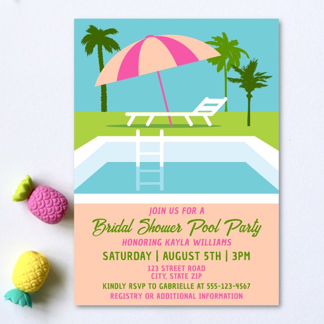 Möhippa Bassäng Tropiska Swimming Bassäng Inbjudningar (Bridal shower pool party invitation on a light background with tropical pineapple decorations.)