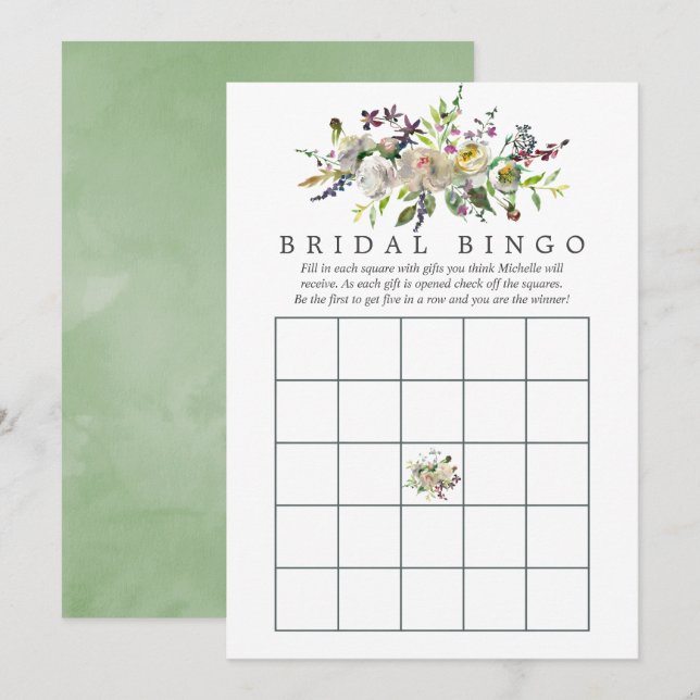 Möhippa Bingo för Blommigten Sage & White Watercol Inbjudningar (Fram/baksida)