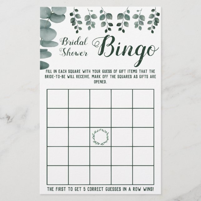 Möhippa Bingo Greenery Eucalyptus-spelkort Flygblad (Framsidan)