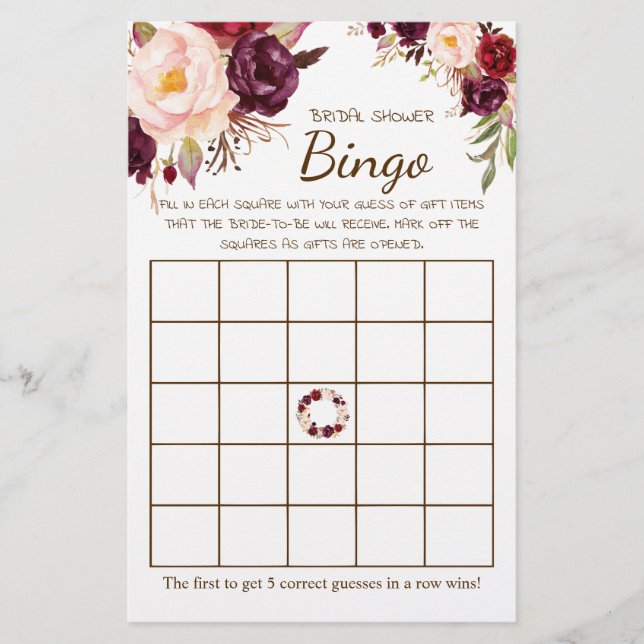 Möhippa Bingo Marsala Flowers-spelkort Flygblad (Framsidan)