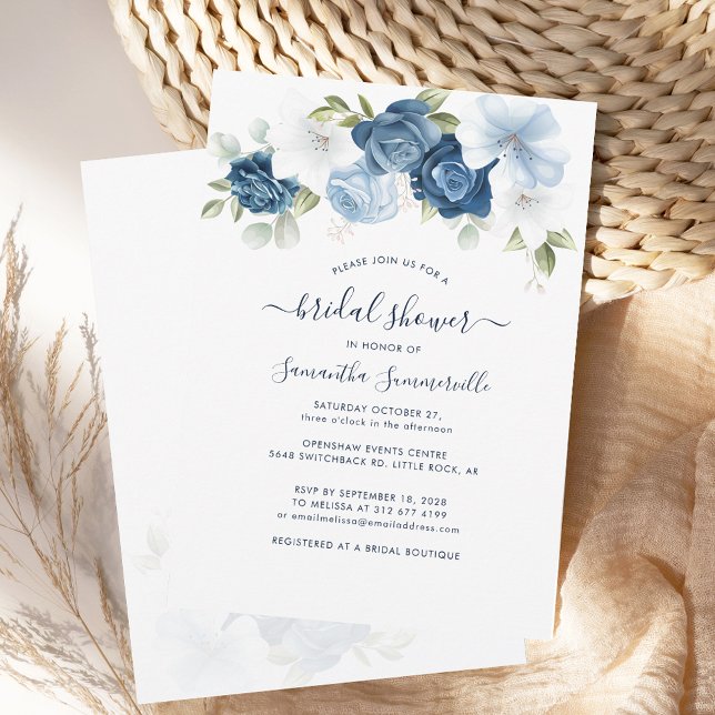Möhippa Blommigt Dusty Blue Inbjudningar (Floral Dusty Blue and White Nature Script Bridal Shower Invitation)