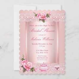 Möhippa Blommigt Rosa ros High Tea Party Inbjudningar