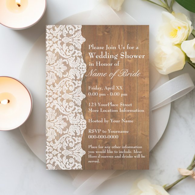 Möhippa: Blommigt Snöre Mönster och Rustic Wood Inbjudningar (Bridal Shower Invitation - Rustic Modern Wood and Lace)