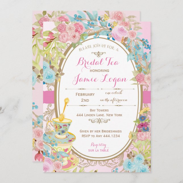 Möhippa Blommigt Tea Party-inbjudan Inbjudningar (Fram/baksida)