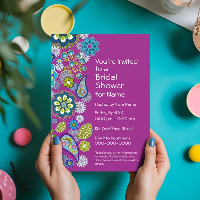 MÖHIPPA - BLOMMÖNSTRET ROLIGT - MAGENTA INBJUDNINGAR (Funky Floral Bridal Shower Invitation - Retro Flowers and Deep Colors)