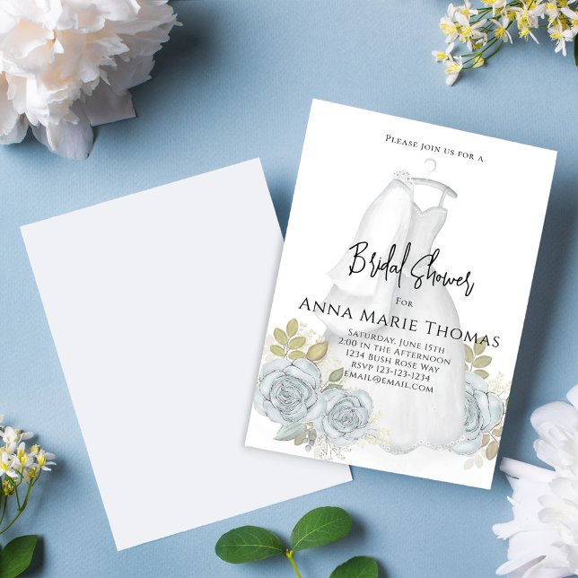 Möhippa Blue Blommigt Watercolor Bröllop Dress Inbjudningar (Elegant Bridal Shower invitation with beautiful blue floral roses and wedding gown)