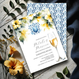 Möhippa Blue och Gult Petals & Prosecco Inbjudningar