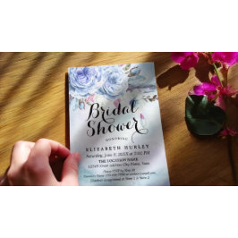 Möhippa Blue Watercolor Boho Blommigt Feathers Inbjudningar