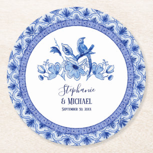 Möhippa Blue White Chinoiserie Bird Blommigt Underlägg Papper Rund