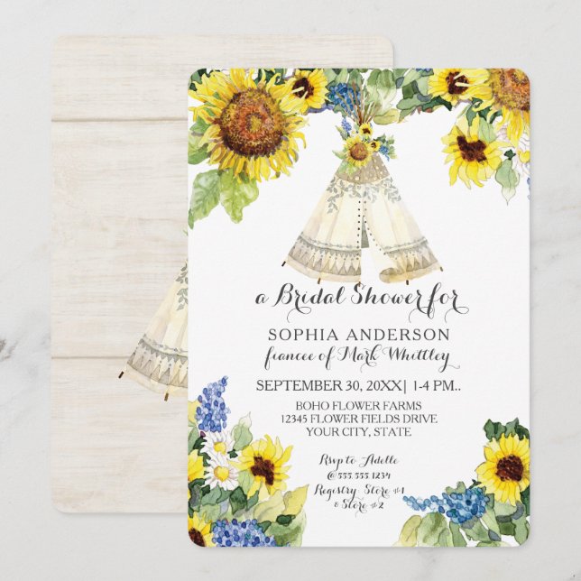 Möhippa BOHO Blommigt Teepee Solros Daisy Inbjudningar (Fram/baksida)