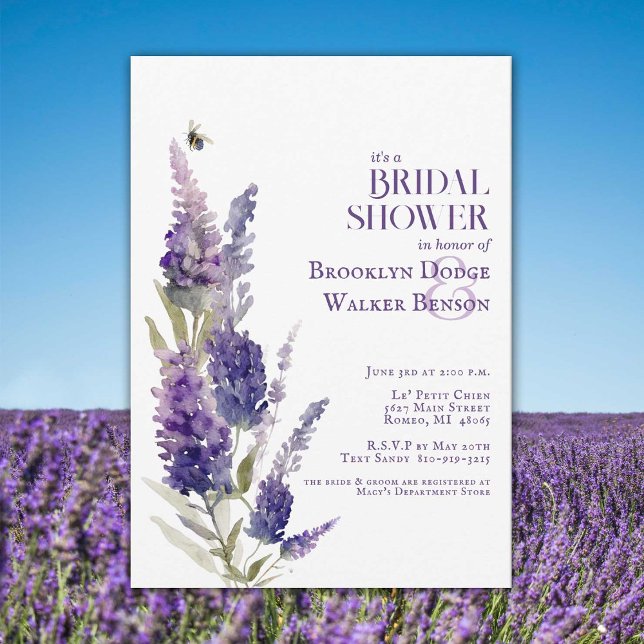 Möhippa Botanical Lavender Blommigt Lila Inbjudningar (Beautiful botanical shower invitation with watercolor lavender blooms. Editable for any occasion.)