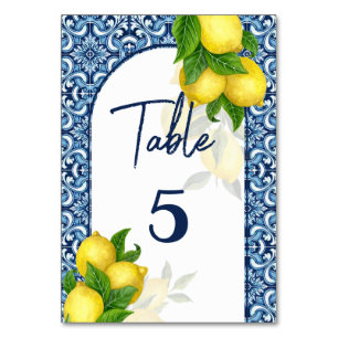 Möhippa bröllop blue och tiles lemon Amalfi Bordsnummer