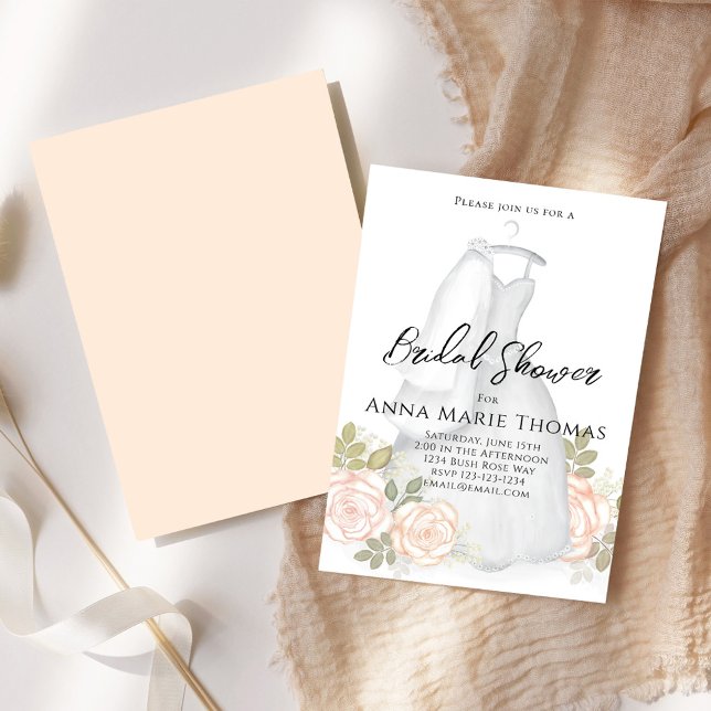 Möhippa Bröllop Dress Elegant  Blommigt Inbjudningar (Bridal shower elegant wedding gown calligraphy script invitations.)