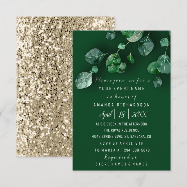Möhippa Bröllop Eucalyptus Greenery Guld Glitter Inbjudningar (Fram/baksida)