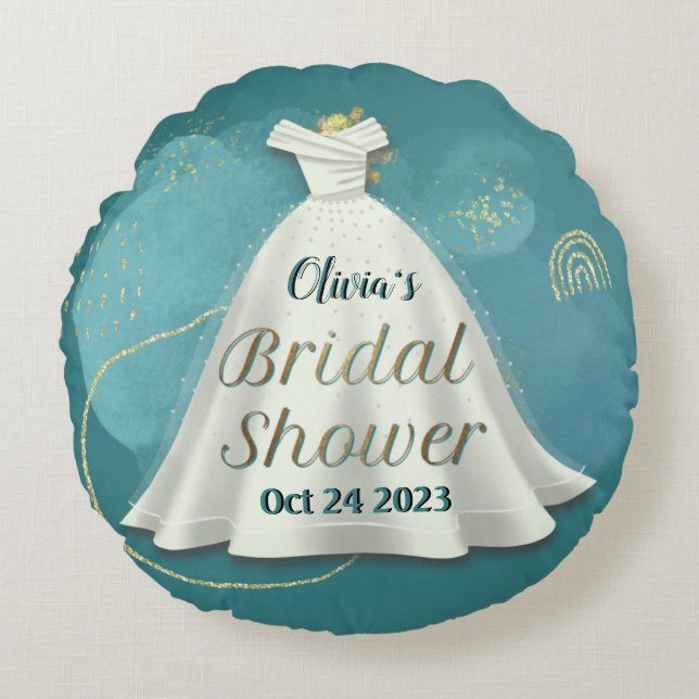 Möhippa Bröllop Gown Deep Teal Guld Glitter Rund Kudde (Framsidan)