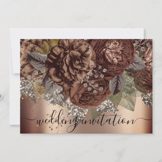 Möhippa Bröllop Guld Brown Rosor Silver i Ro Inbjudningar (Framsida)