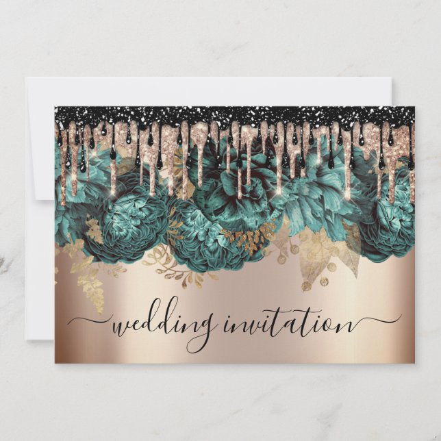 Möhippa Bröllop, Ro Blue Teal Driwers Flowers Inbjudningar (Framsida)