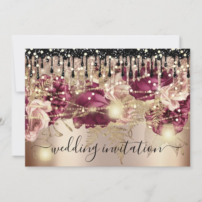 Möhippa Bröllop Ro Drip Rosa Marsala Ljus Guld Inbjudningar (Framsida)