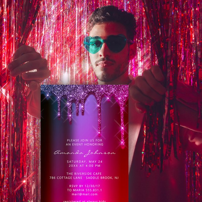 Möhippa Bröllop Rosa Lila Drivrutiner vid födelsed Inbjudningar (Bridal Shower Wedding Birthday Pink Purple Drips Invitation)