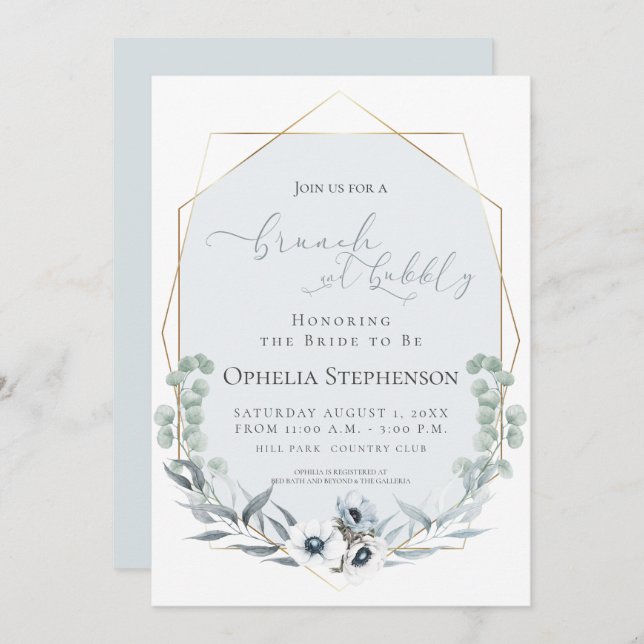 MÖHIPPA | Brunch & Bubly Dusty Blue-Blommigt Inbjudningar (Fram/baksida)