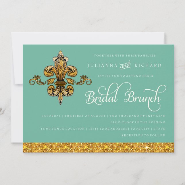 Möhippa Brunch Faux Guld Teal Formal Fleur de Lis Inbjudningar (Baksida)