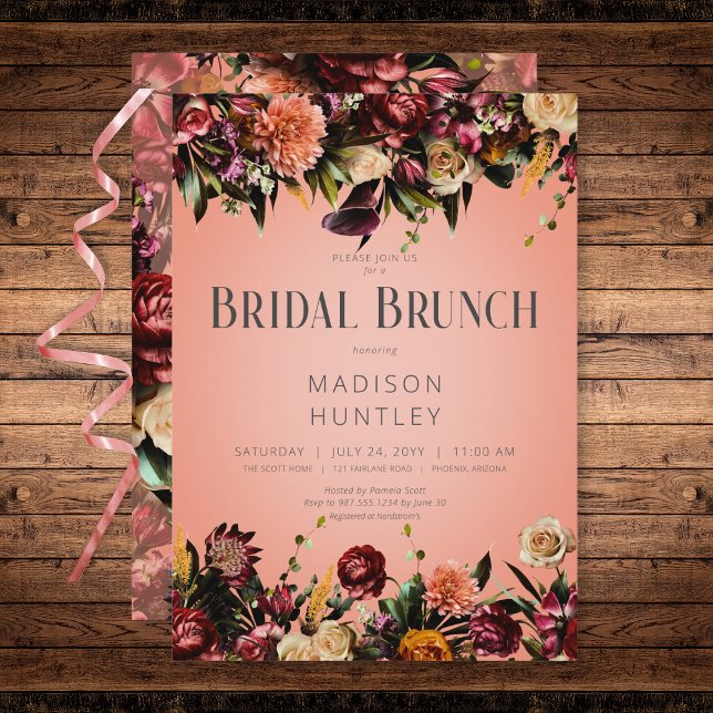Möhippa Brunch för Rustic Peach Vin & Lila Blommig Inbjudningar (Rustic Peach Wine & Purple Floral Bridal Brunch Invitation)