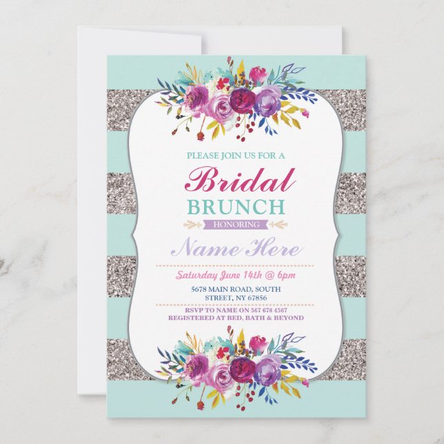 Möhippa Brunch Inbjudan Glitter Mint Blommigt Silv (Framsida)