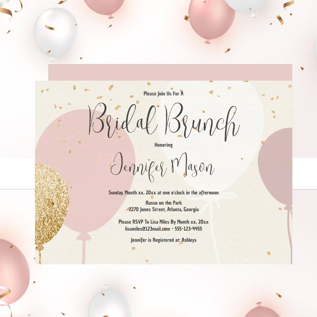 Möhippa Brunch, Rosa, Guld, Blegon Möhippa Inbjudningar (Bridal Brunch, Pink, Gold, Balloon Bridal Shower Invitation)