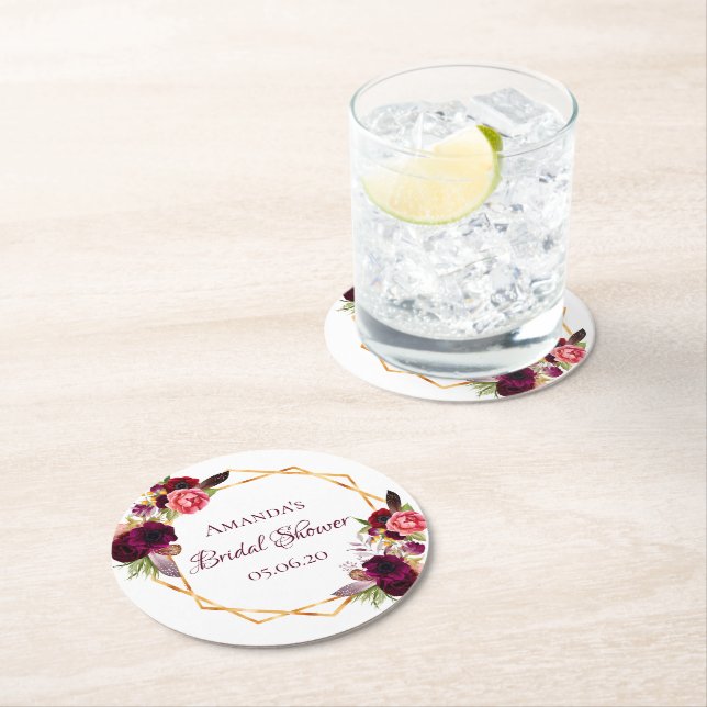 Möhippa burgundblommor geometric guld underlägg papper rund (Insitu)