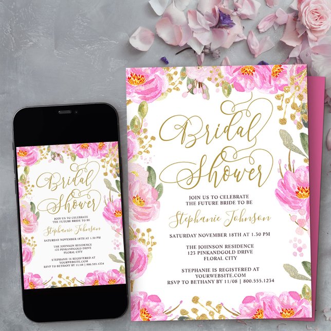 Möhippa Calligraphy Rosa and Guld Blommigt Inbjudningar (Bridal Shower invitation from my Pink and Gold Watercolor Floral Collection
)