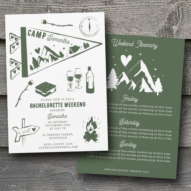 Möhippa Camping Helg Itinerary  Inbjudningar (Camp Bachelorette Party Camping Weekend Itinerary Invitation)
