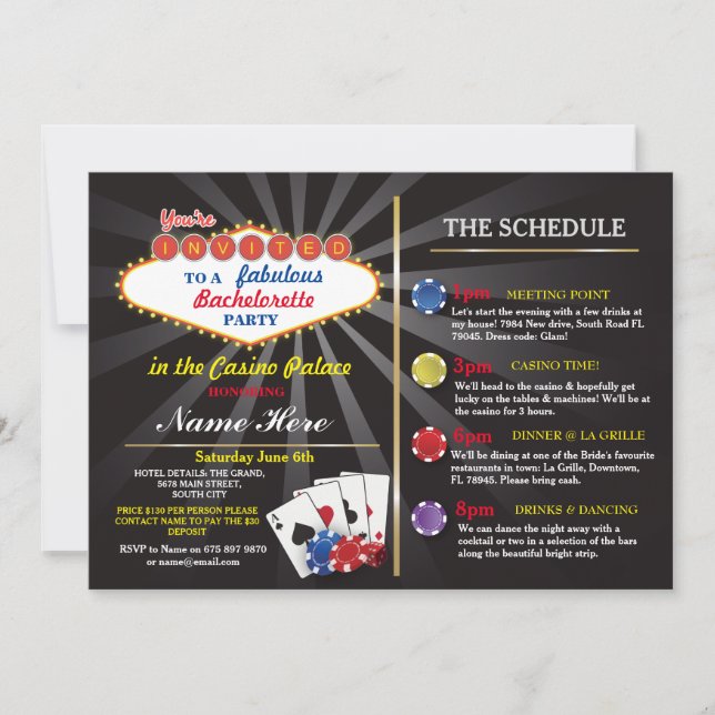 Möhippa Casino Vegas Itinerary Bachelorette Inbjudningar (Framsida)