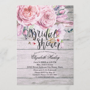 Möhippa Chic Boho Blommigt Feather Rustic Wood Inbjudningar