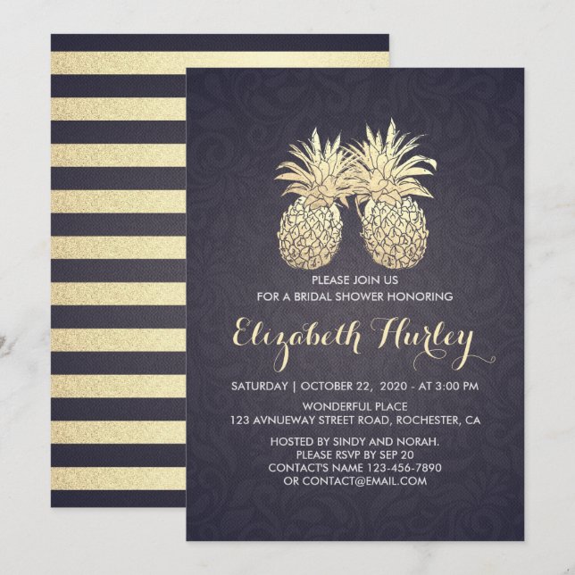Möhippa Chic Pineapple par marin Blue Guld Inbjudningar (Fram/baksida)