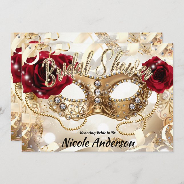 Möhippa Cream Guld Röd ros Masquerad Inbjudningar (Fram/baksida)