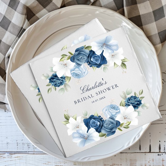 Möhippa Dusty Blue Blommigt Papper Pappersservett (Modern Elegant Dusty Blue Floral Watercolor Script Bridal Shower Paper Napkins)