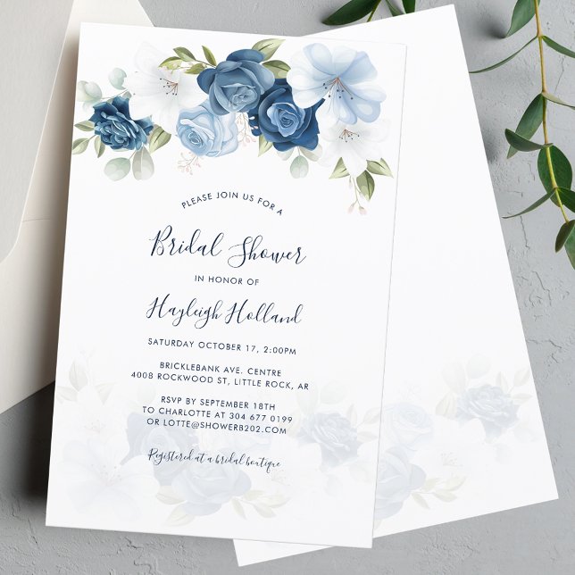 Möhippa Dusty Blue Blommigt Script-inbjudan (Floral Dusty Blue Watercolor Bridal Shower Invitation)