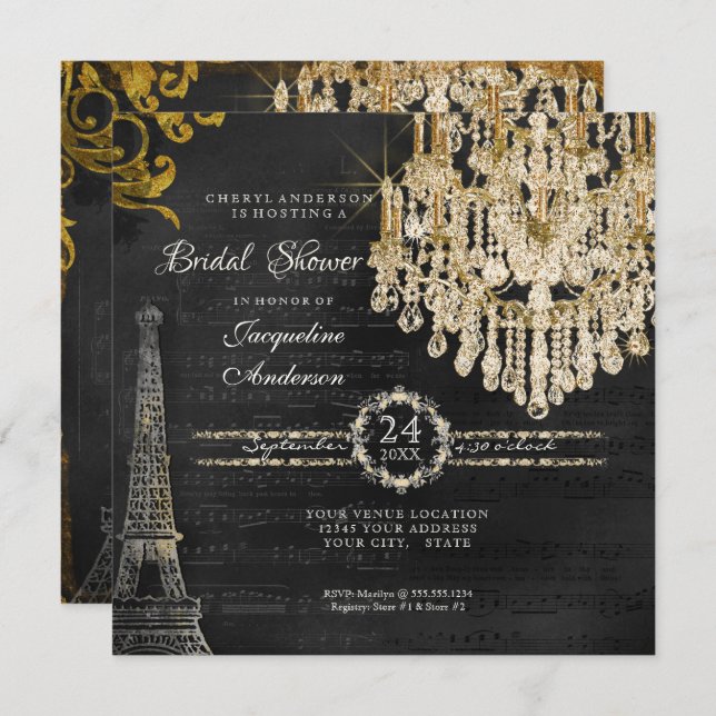 Möhippa Eiffel Torn Chandelier Typografi Inbjudningar (Fram/baksida)