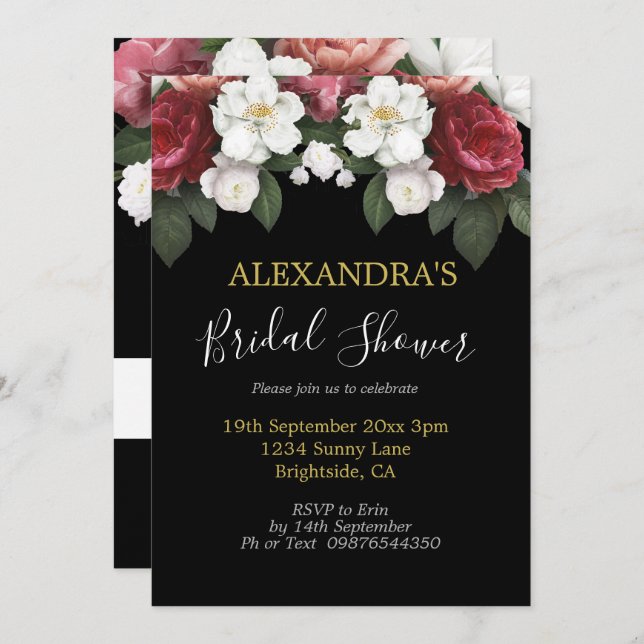 Möhippa Elegant Burgundy Ro Black Chic Inbjudningar (Fram/baksida)