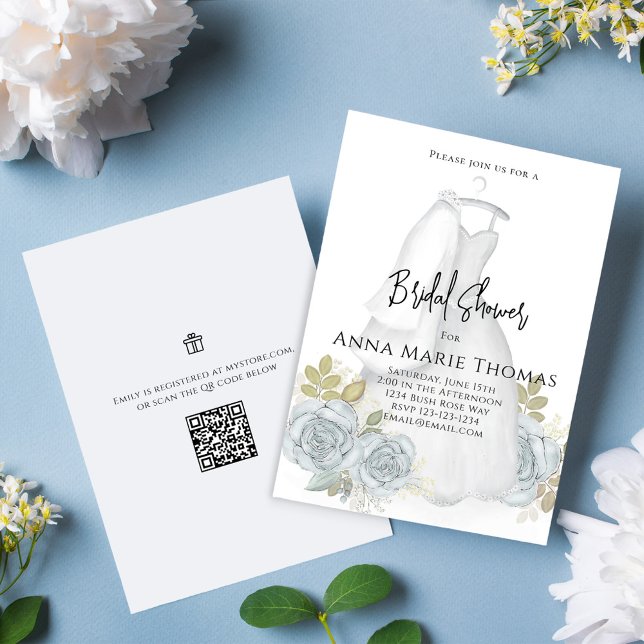 Möhippa Elegant Calligraphy Script Dress Inbjudningar (Elegant Bridal Shower invitation with beautiful blue floral roses and wedding gown)