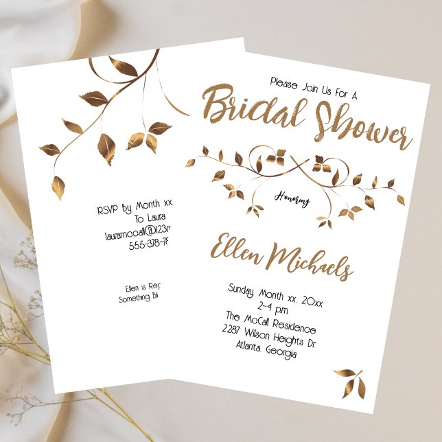 Möhippa Elegant Guld Löv Inbjudningar (Bridal Shower Elegant Gold Leaves Invitation)