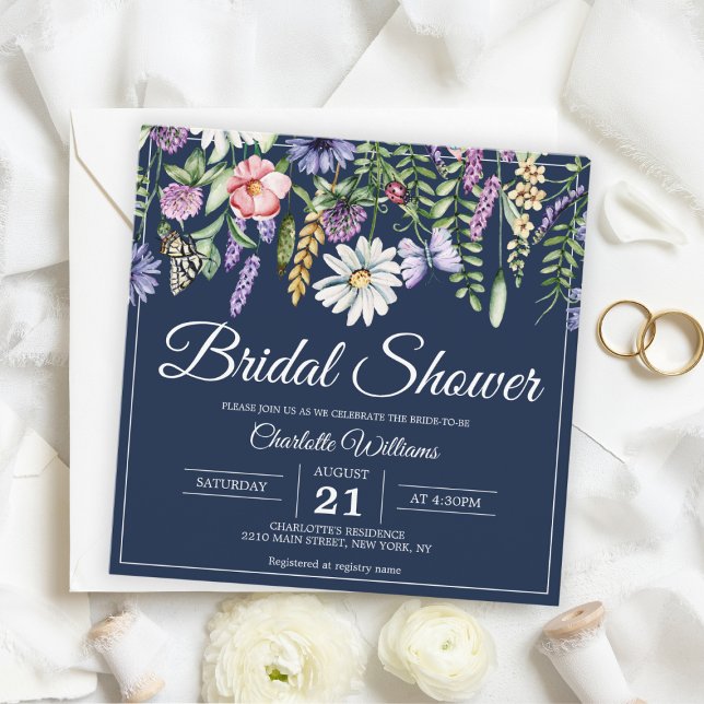Möhippa Elegant Wildblommor Navy Blue Blommigt Inbjudningar (Bridal Shower Elegant Wildflowers Navy Blue Floral Invitation
)