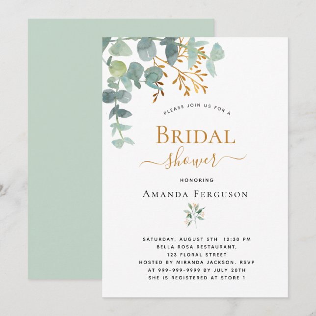 Möhippa eucalyptus greenery guld modern inbjudningar (Fram/baksida)