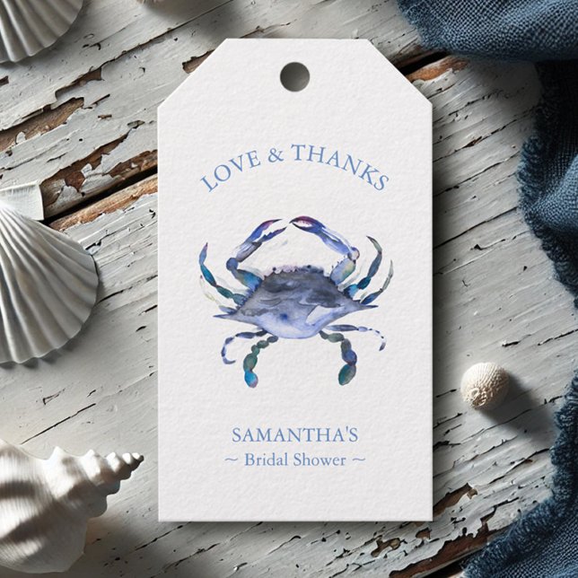 Möhippa Favorittaggar Vattenfärgskrabba Presentetikett (Favor tags watercolor blue crab art by Victoria Grigaliunas Do Tell A Belle)