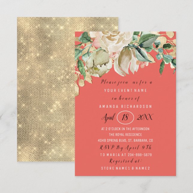 Möhippa Flower Brunch Coral Grönt Mint Ro Inbjudningar (Fram/baksida)