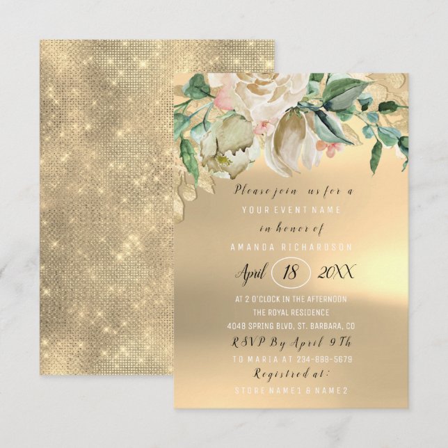 Möhippa Flower Brunch Grönt Guld Mint Ivory Inbjudningar (Fram/baksida)